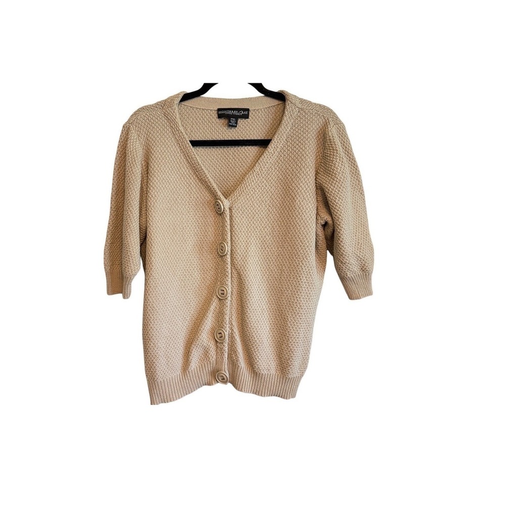 Monterey Bay Cardigan Sweater PXL Tan Short Sleeve Button Front Cotton Knit
